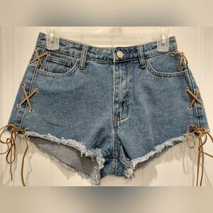 Forever 21 Blue Distressed Denim Shorts with Tan Lace-Up Sides #0583